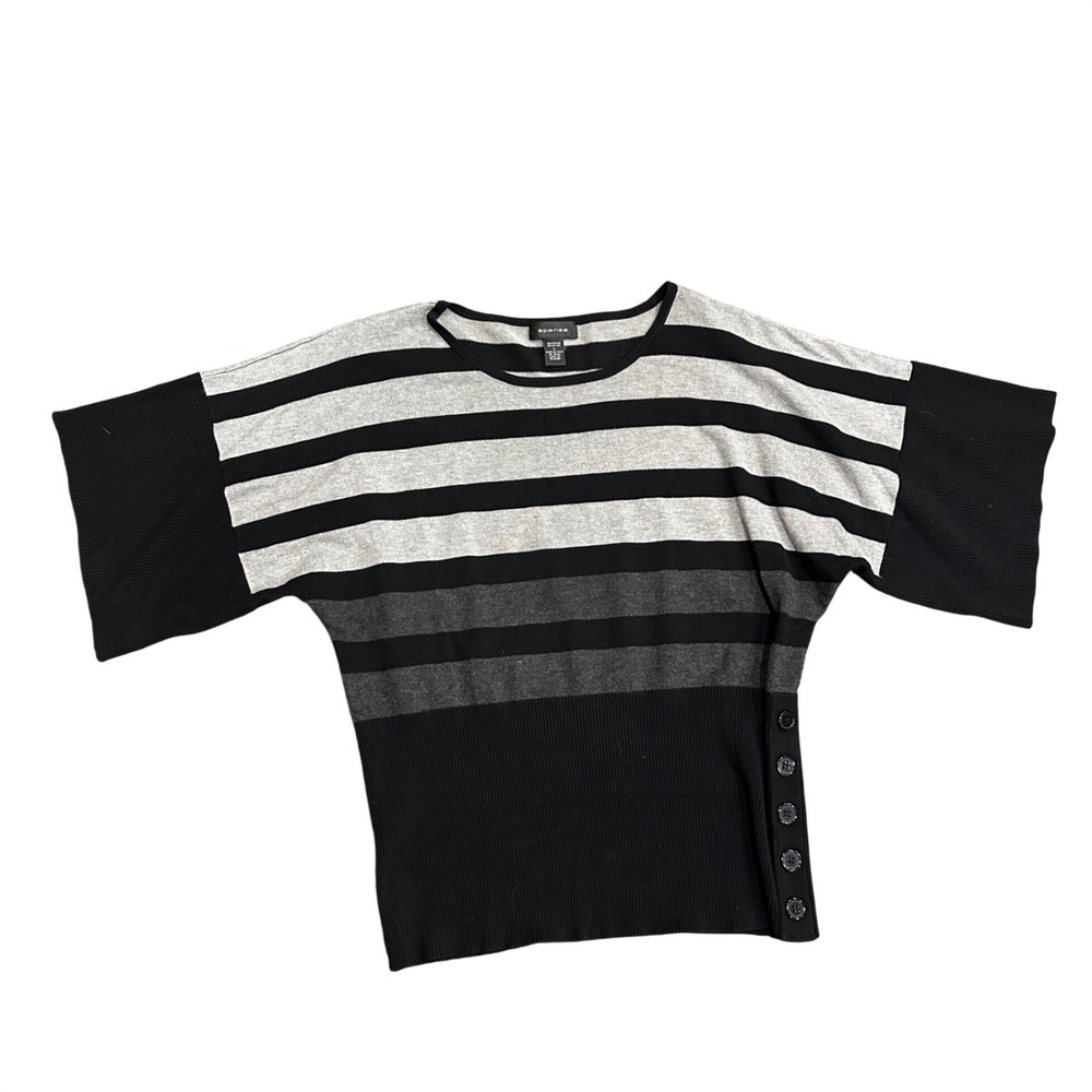 Spense Womens Y2K Black Grey Striped Button Shoulder Dolman Sleeve Sweater Large